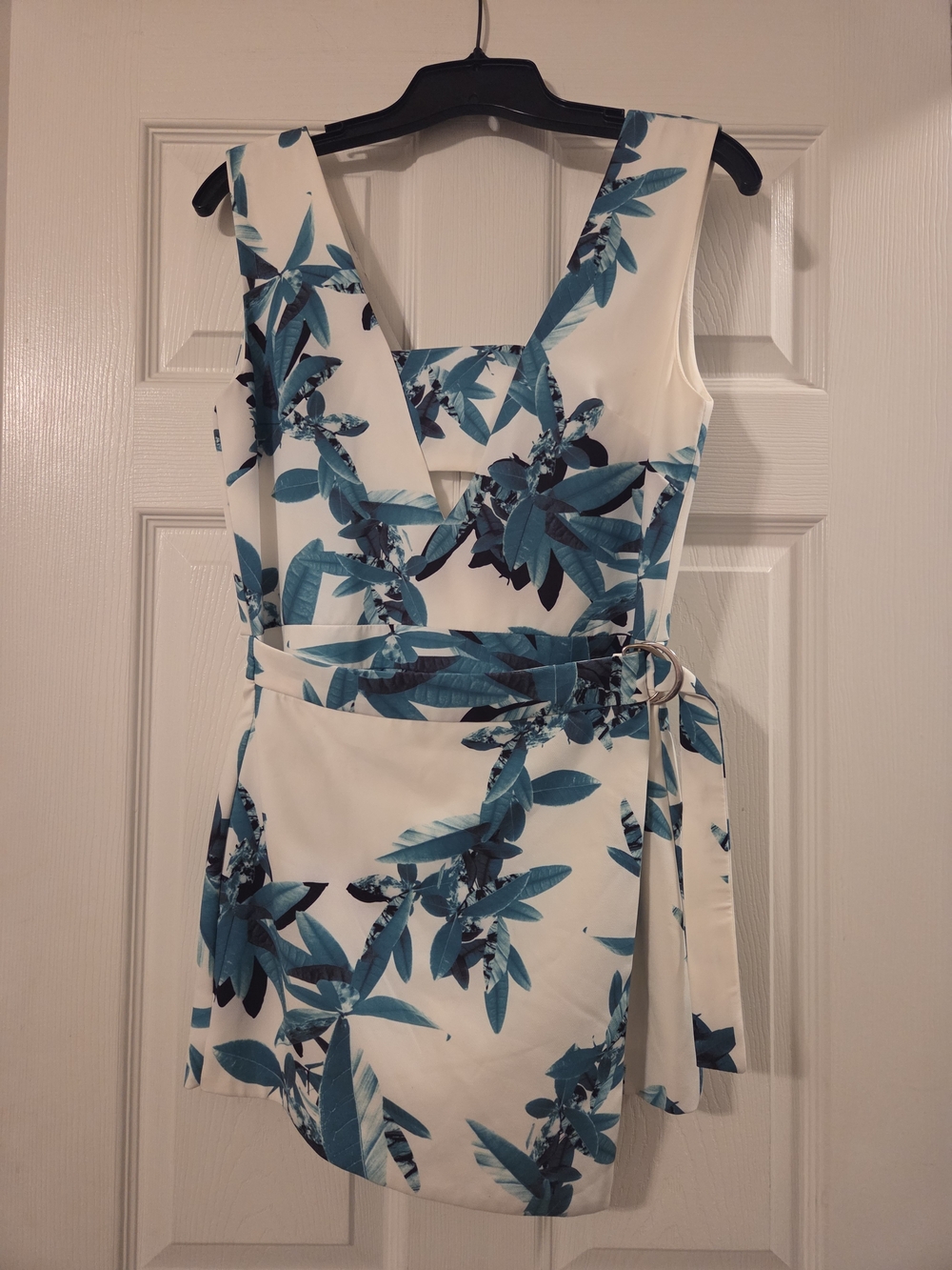 White and Teal Floral Wrap Romper